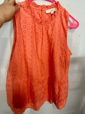 LOFT Coral Eyelet Sleeveless Peplum Top